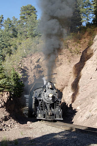 Engine  #18 blasts out of a tunnel